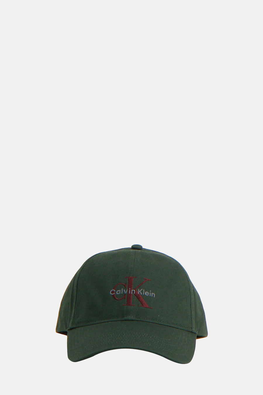 Casquette verte par Calvin Klein avec logo bordeaux brodé sur le devant, couleur unie.