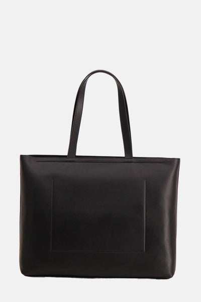 Sac à main noir de Calvin Klein, avec poignées supérieures et design rectangulaire minimaliste.