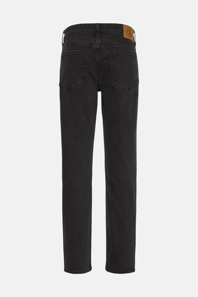 Zwarte Calvin Klein spijkerbroek, met een leren label op de achterkant van de tailleband.