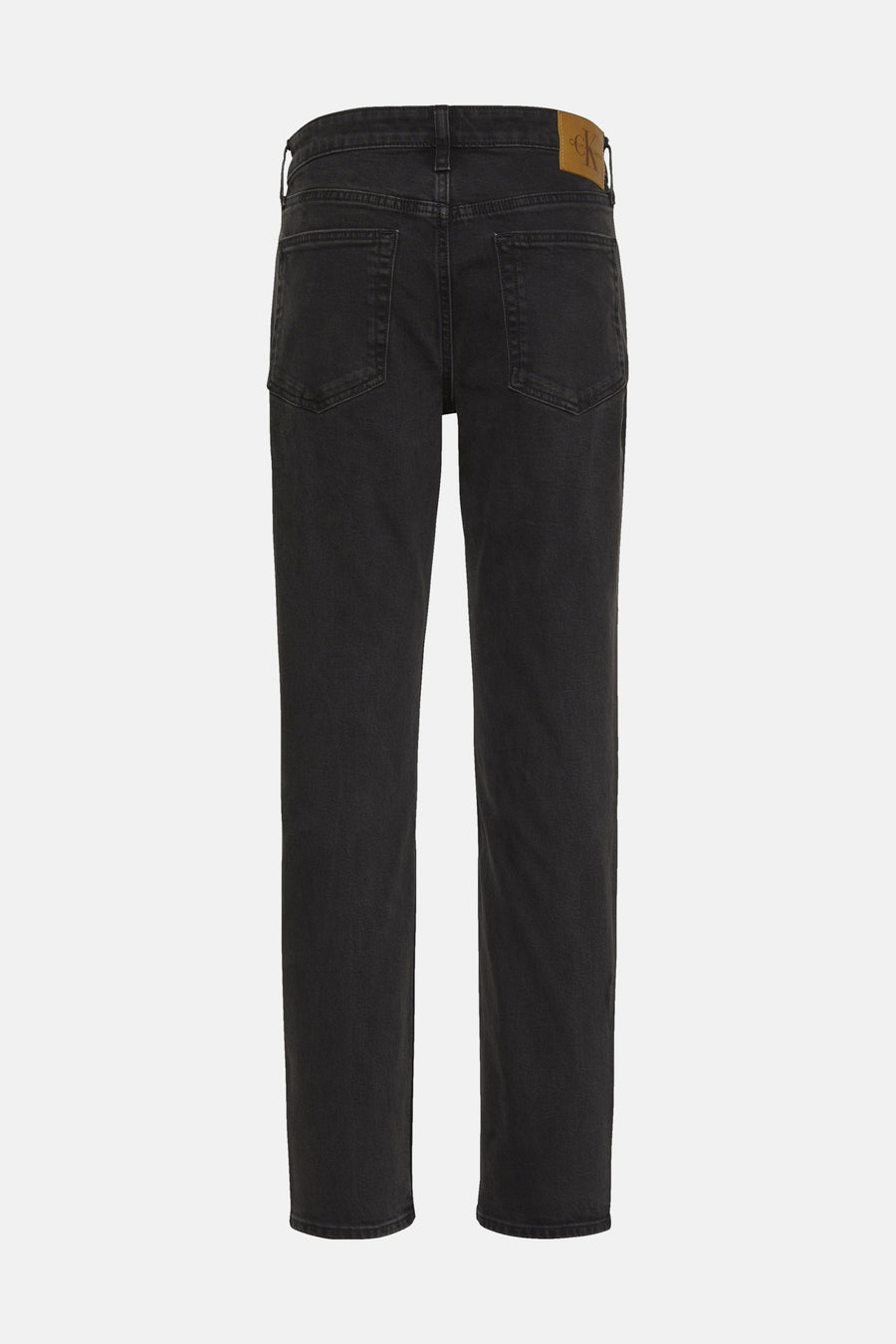 Zwarte Calvin Klein spijkerbroek, met een leren label op de achterkant van de tailleband.
