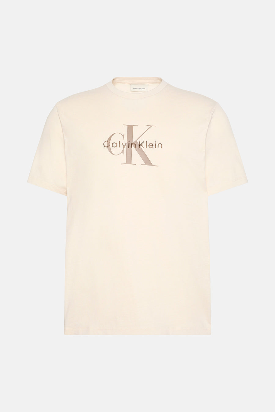 Ecru T-shirt met korte mouwen van Calvin Klein met een groot logo op de voorkant.