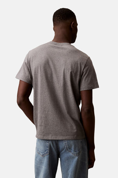 Grijs T-shirt met korte mouwen van Calvin Klein, gedragen met een spijkerbroek, achtergezicht.