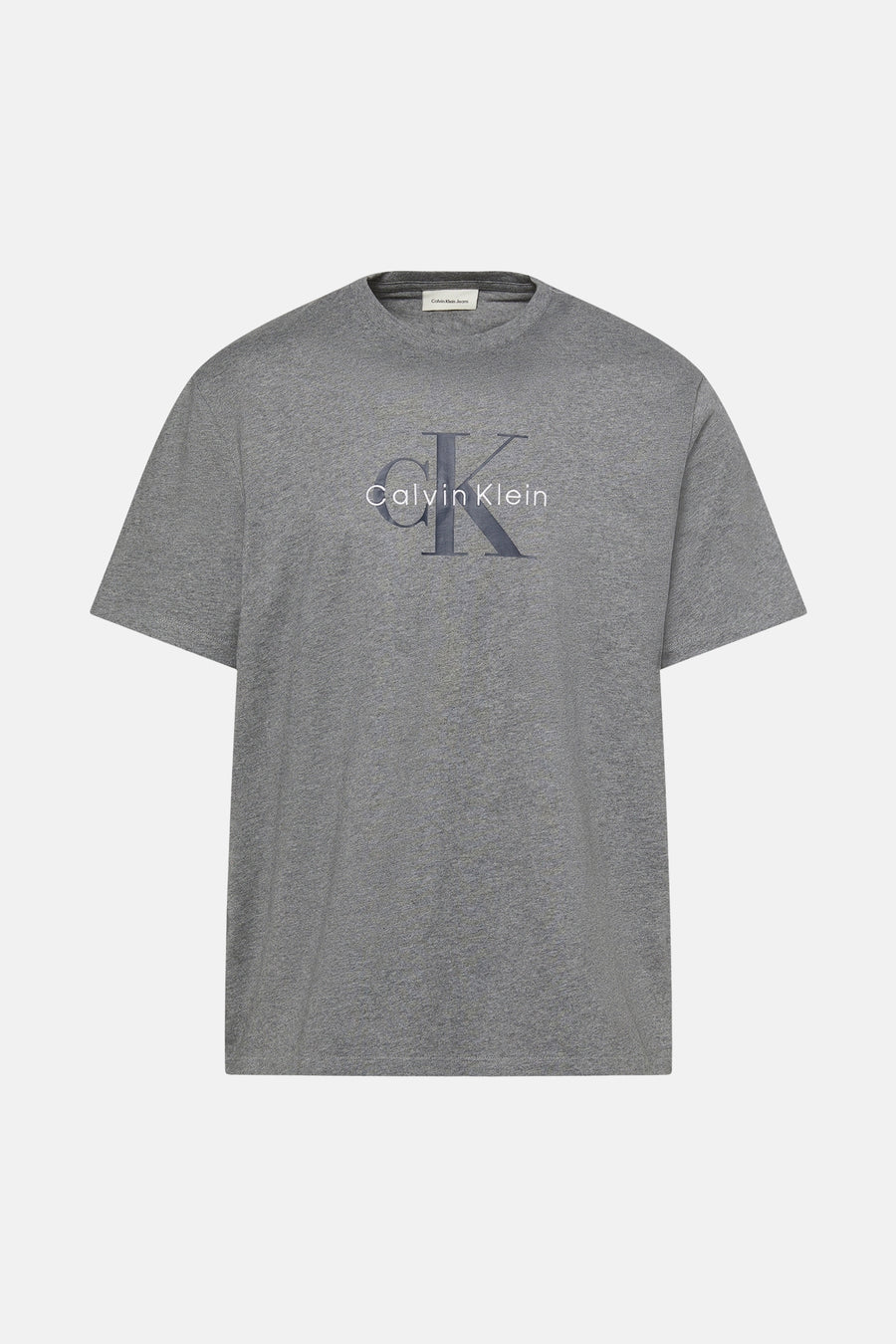 Grijs T-shirt met korte mouwen van Calvin Klein Jeans, met 'CK'-logo op de voorkant gedrukt.
