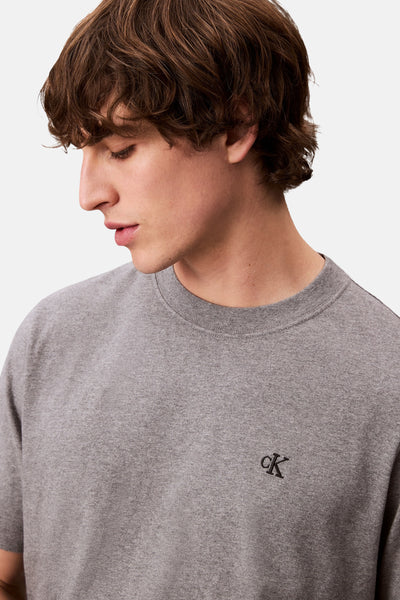 T-shirt gris à manches courtes de Calvin Klein, logo CK brodé sur le devant.