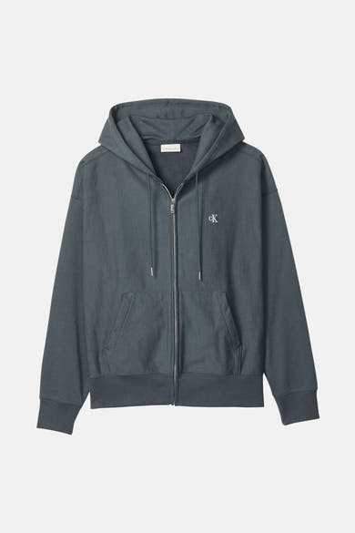 Grijze Calvin Klein bodywarmer met rits, capuchon en geborduurd logo.