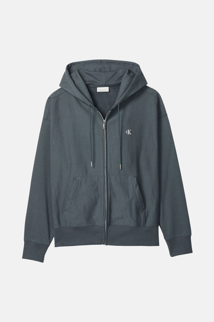 Grijze Calvin Klein bodywarmer met rits, capuchon en geborduurd logo.
