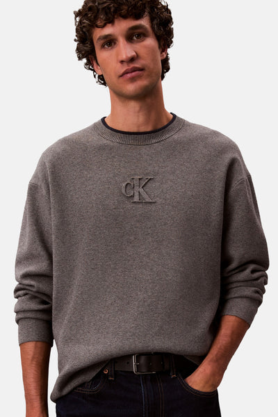 Pull à col rond gris par Calvin Klein, avec logo ton sur ton sur le devant, porté avec un jean.