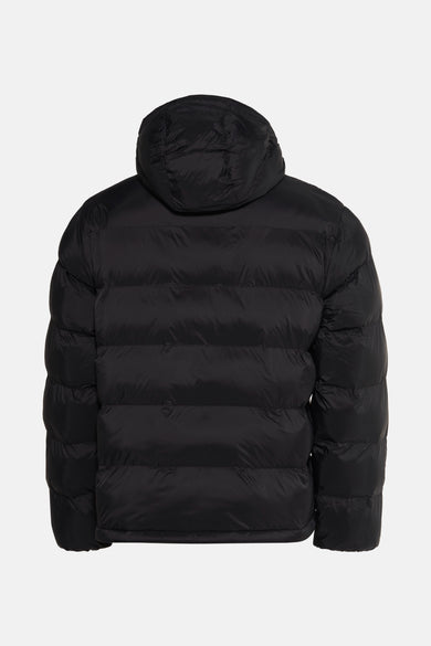 Zwarte regenjas van Calvin Klein met gewatteerde capuchon, achtergezicht.