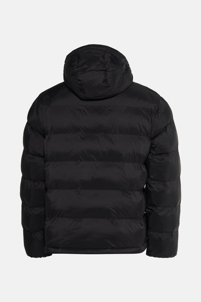 Zwarte regenjas van Calvin Klein met gewatteerde capuchon, achtergezicht.