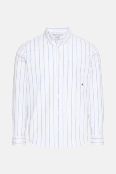 Chemise blanche à rayures verticales par Calvin Klein, avec logo brodé et coupe classique.