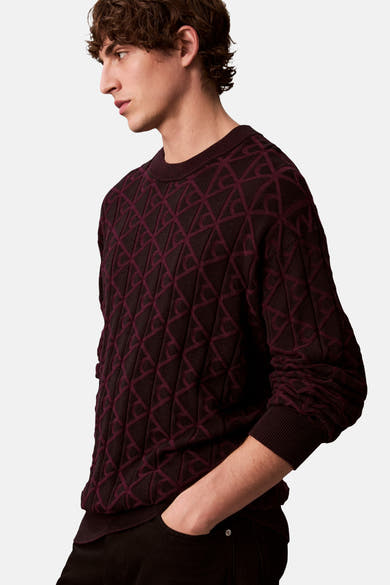 Bordeaux gebreide trui van Calvin Klein, met een toon-op-toon ruitpatroon.