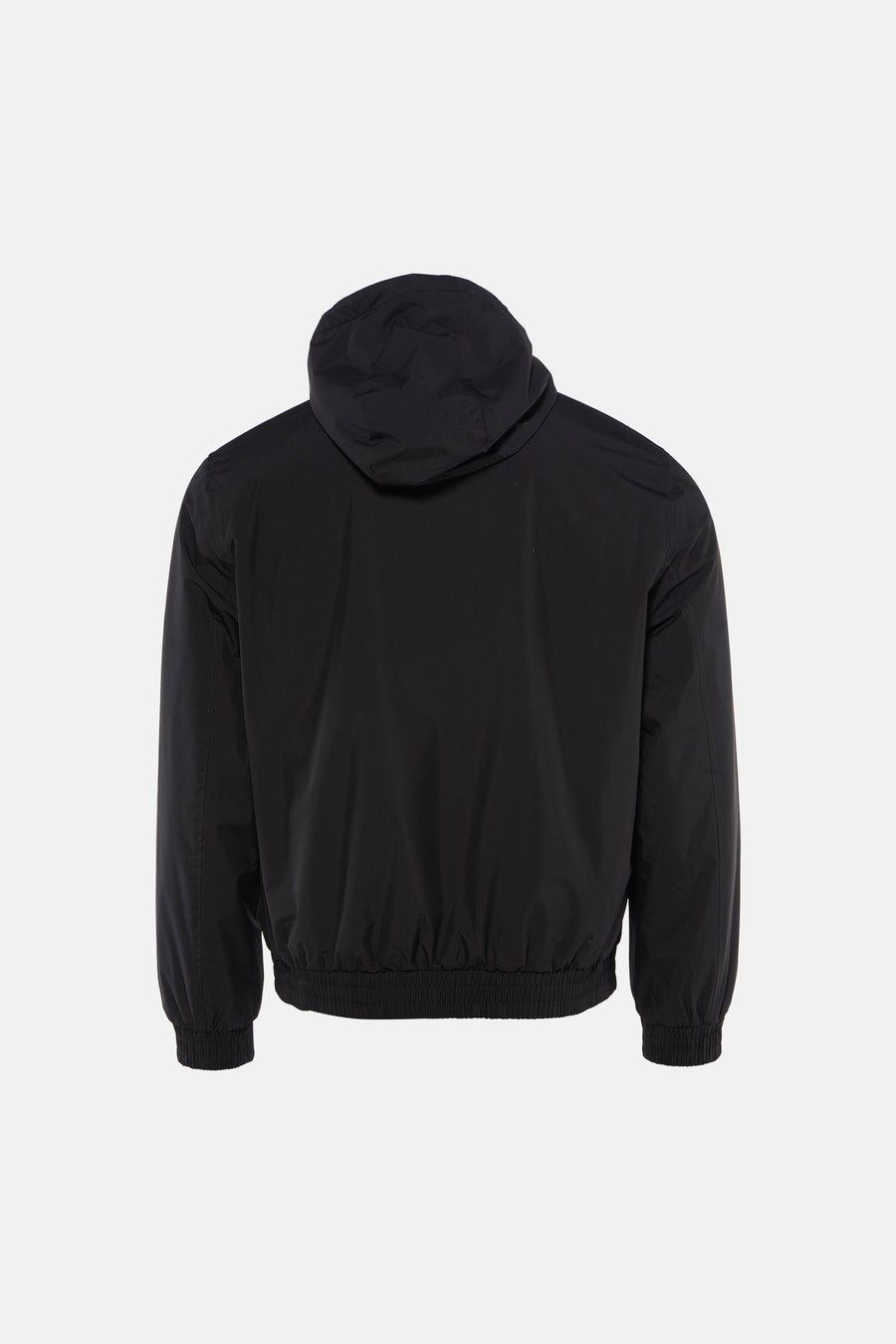 Zwarte regenjas van Calvin Klein, met capuchon en subtiele textuur, van achteren gezien.