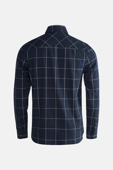 Blauw overhemd met lange mouwen van LYLE & SCOTT met wit ruitpatroon, achterkant.