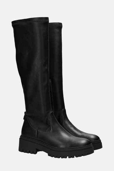 Zwarte hoge leren laarzen van VERO MODA, met een grove zool en ronde neus.