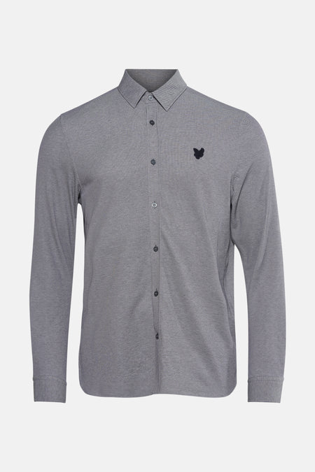 Blauwe blouse met lange mouwen van LYLE & SCOTT, met subtiel textuurpatroon en geborduurd logo.