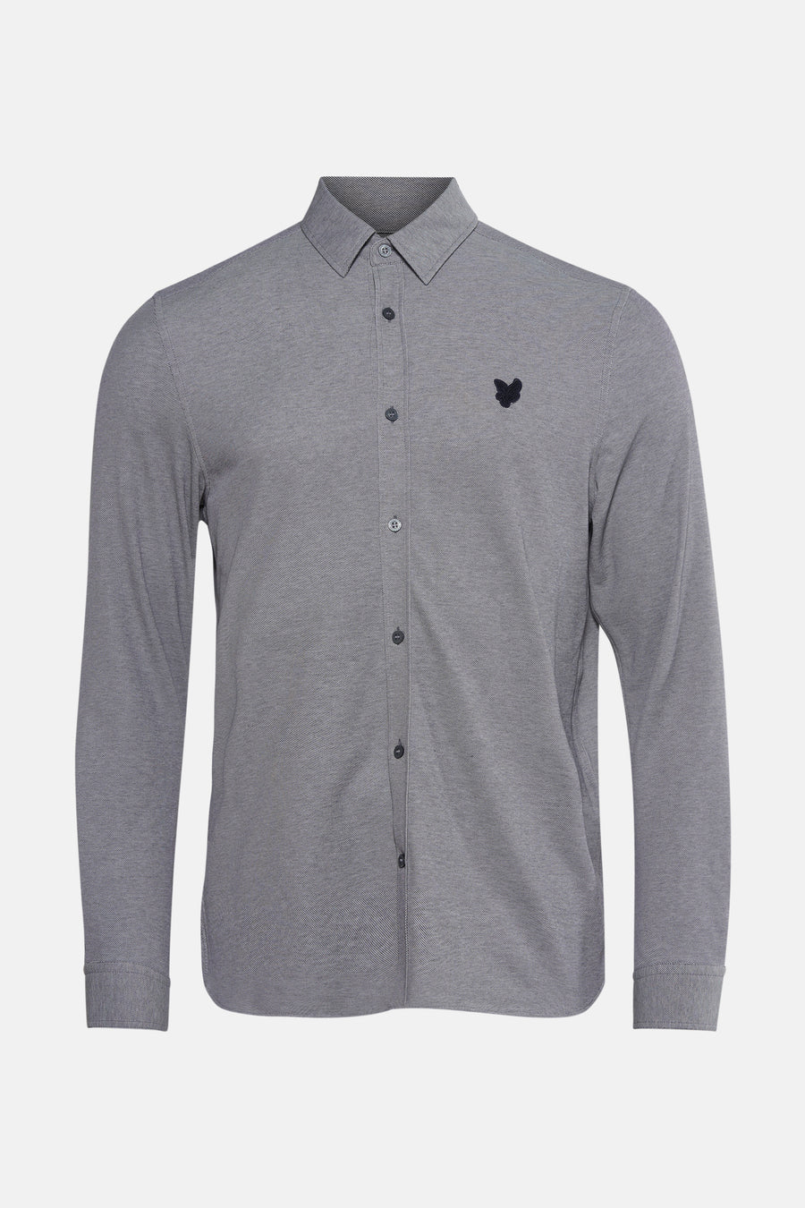 Blauwe blouse met lange mouwen van LYLE & SCOTT, met subtiel textuurpatroon en geborduurd logo.
