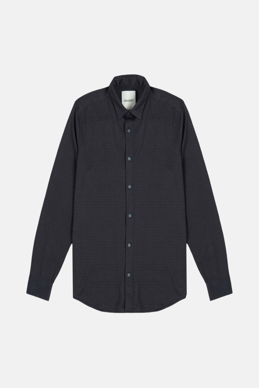 Lyle & Scott blauw overhemd met lange mouwen, subtiel all-over patroon, ton-sur-ton knopen.