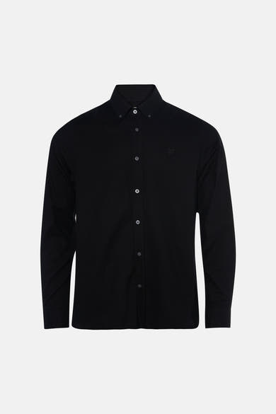 Black long-sleeve button-down shirt with subtle texture and small embroidered logo on chest, front view