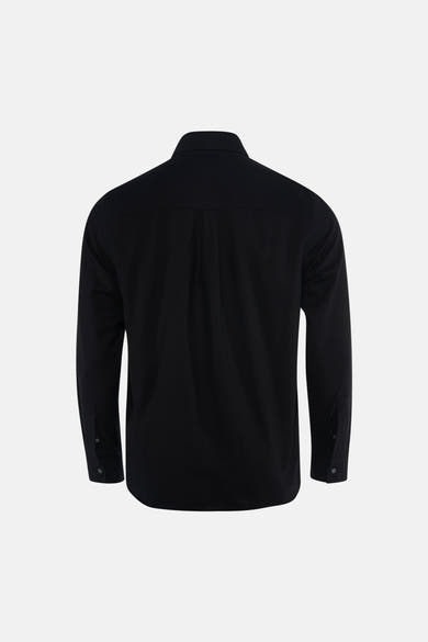Black long-sleeve shirt back view with central seam and buttoned cuffs, smooth fabric finish