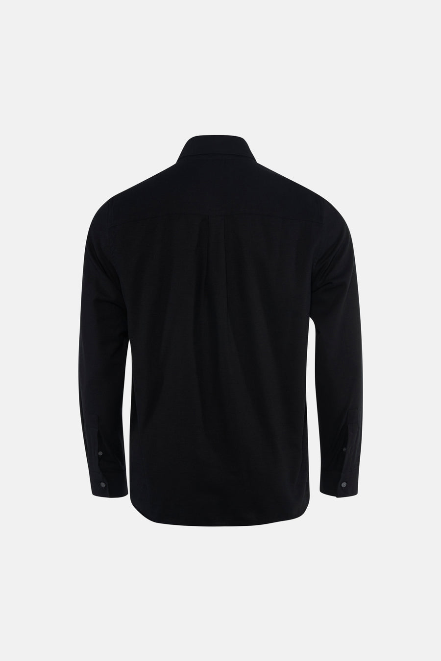 Black long-sleeve shirt back view with central seam and buttoned cuffs, smooth fabric finish