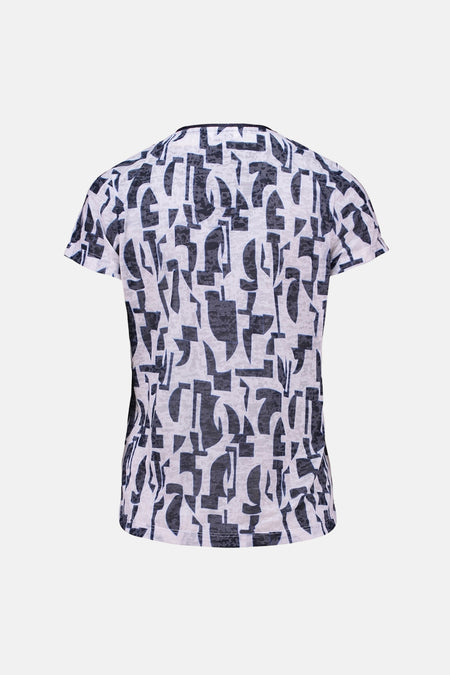 Blauw T-shirt met korte mouwen, van ZABAIONE, met zwart-wit abstract patroon.