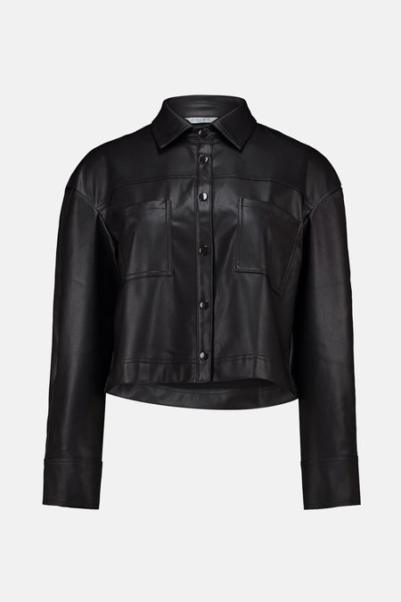 Bruin imitatielederen blouse met lange mouwen van ZABAIONE met knoopsluiting en opgestikte zakken.