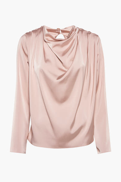 Roze blouse met lange mouwen van Susy Mix met een elegante draperie aan de voorkant.