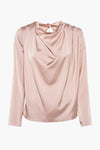 Roze blouse met lange mouwen van Susy Mix met een elegante draperie aan de voorkant.