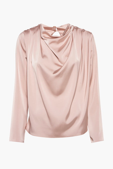 Roze blouse met lange mouwen van Susy Mix met een elegante draperie aan de voorkant.