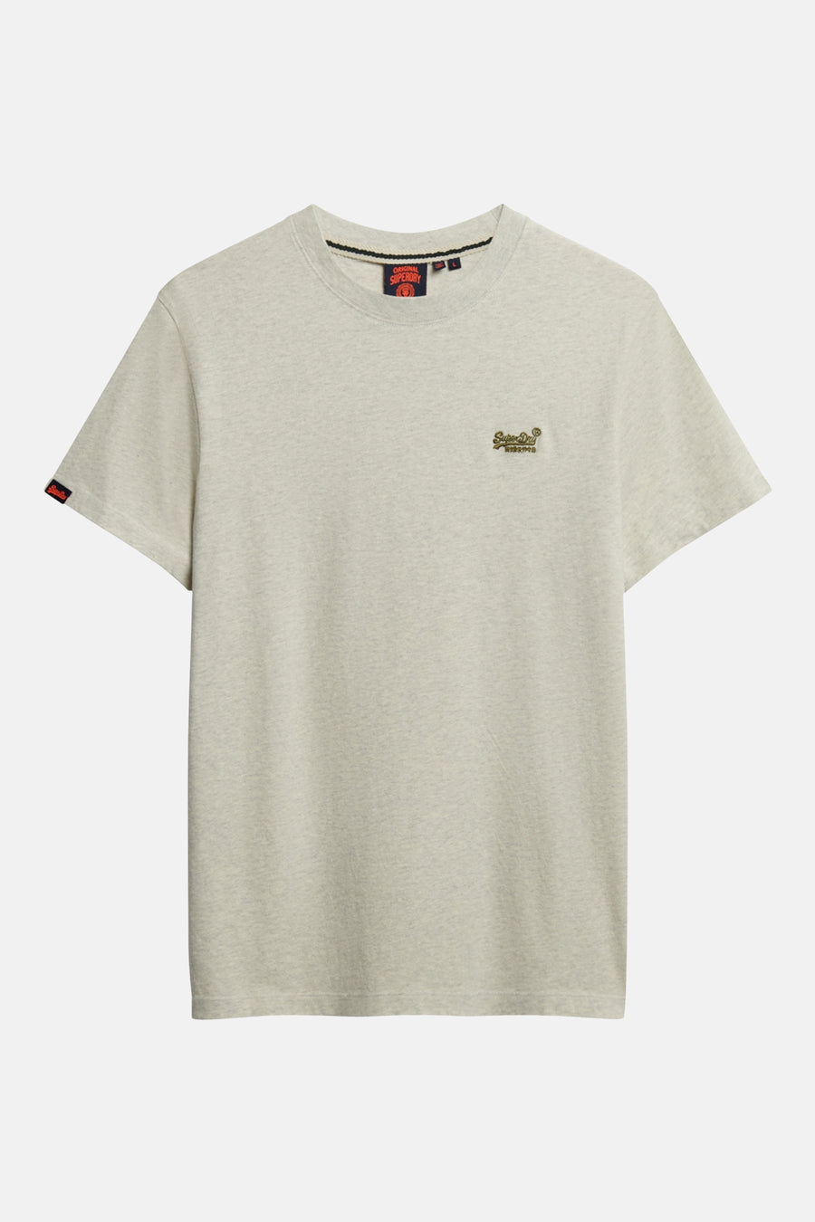 T-shirt à manches courtes gris chiné de Superdry, avec logo brodé sur la poitrine et étiquette orange sur la manche.
