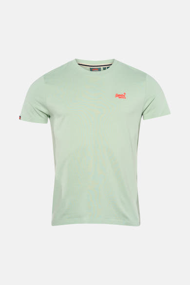 T-shirt à manches courtes vert de SUPERDRY, avec logo rouge imprimé sur le devant.