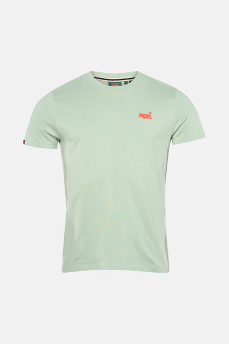 T-shirt à manches courtes vert de SUPERDRY, avec logo rouge imprimé sur le devant.