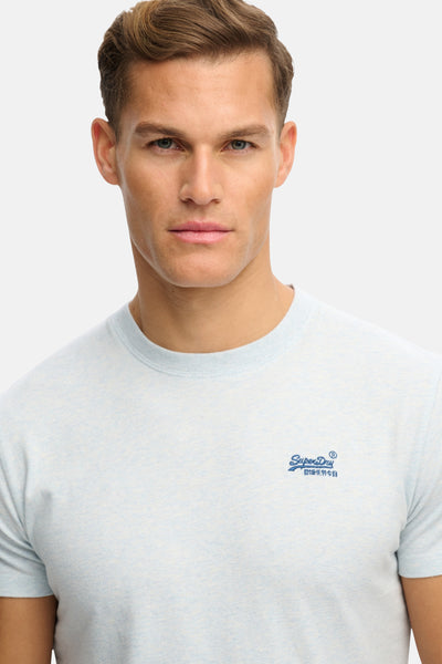 Blauw T-shirt met korte mouwen van SUPERDRY, met geborduurd logo op de borst.
