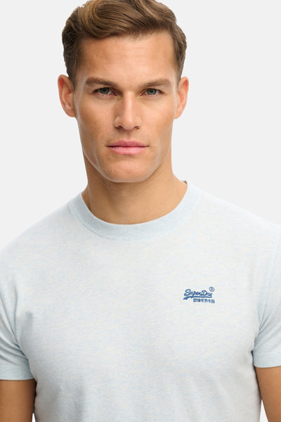 Blauw T-shirt met korte mouwen van SUPERDRY, effen met geborduurd logo op de borst.