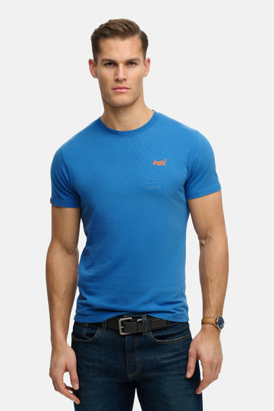 Blauw T-shirt met korte mouwen van SUPERDRY, met een geborduurd logo op de borst.