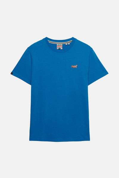 T-shirt à manches courtes bleu de SUPERDRY, avec un logo brodé sur la poitrine.