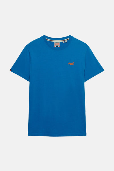 Blauw T-shirt met korte mouwen van Superdry, met geborduurd logo op de borst.
