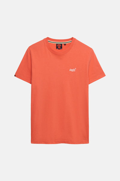 Koraalkleurig T-shirt met korte mouwen van SUPERDRY, met geborduurd logo op de borst en gestreepte ronde hals.