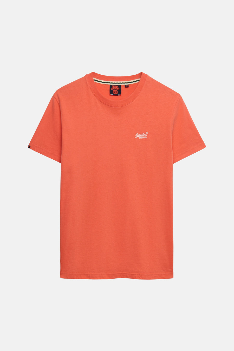 Koraalkleurig T-shirt met korte mouwen van SUPERDRY, met geborduurd logo op de borst en gestreepte ronde hals.