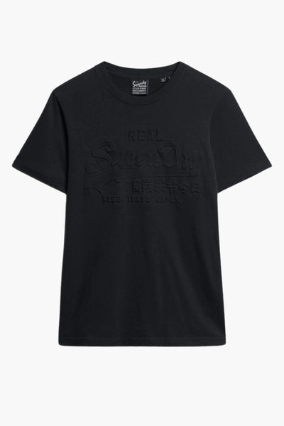Blauw T-shirt met korte mouwen van Superdry met een reliëf toon-op-toon-patroon op de voorkant.