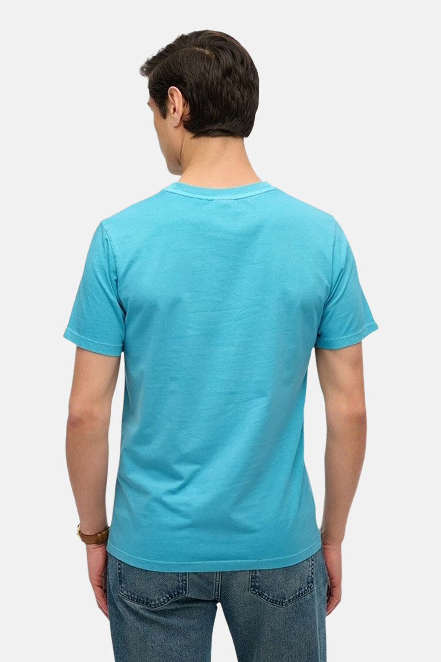 T-shirt à manches courtes bleu de SUPERDRY, vue arrière, porté avec un jean.