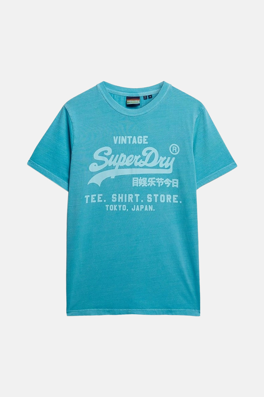 T-shirt bleu à manches courtes de SUPERDRY, avec un imprimé texte blanc sur le devant.
