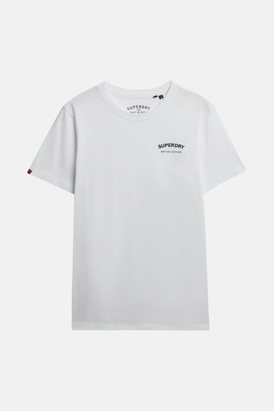 T-shirt blanc à manches courtes de SUPERDRY, avec deux logos noirs imprimés.
