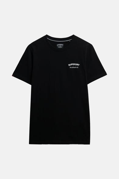 T-shirt à manches courtes noir de Superdry avec un logo et des détails graphiques blancs.