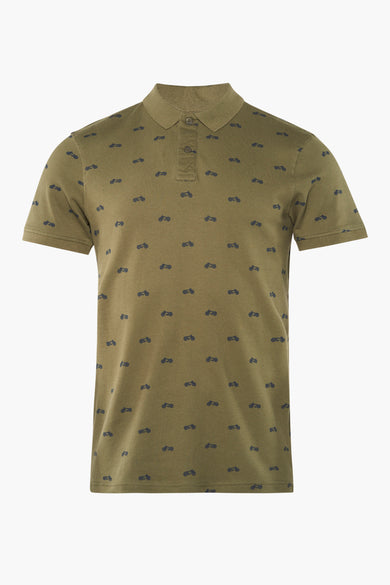 Olive green polo shirt with small motorcycle print, short sleeves, classic collar, and button placket, front view.