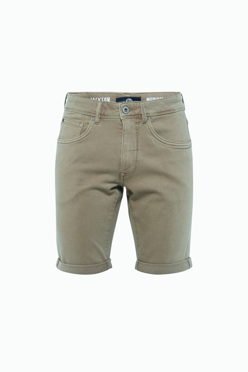 Beige cotton shorts by Jackson with rolled cuffs, front pockets, and button fly, front view