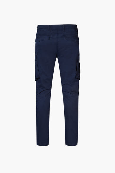 Petrol Industries® blauwe cargobroek, met zijzakken en getextureerde details.