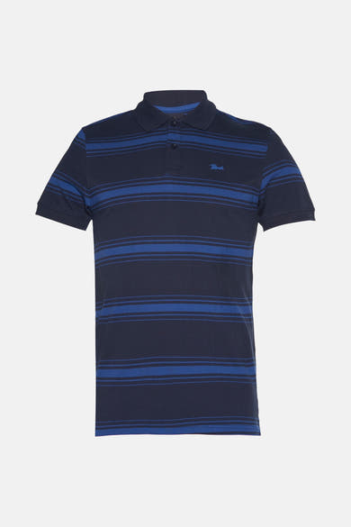 Blauw gestreept poloshirt van Petrol Industries, met geborduurd logo op de borst en knoopsluiting.