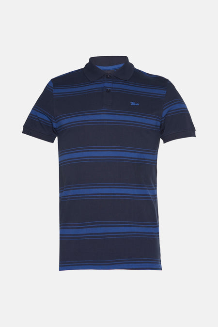 Blauw gestreept poloshirt van Petrol Industries, met geborduurd logo op de borst en knoopsluiting.