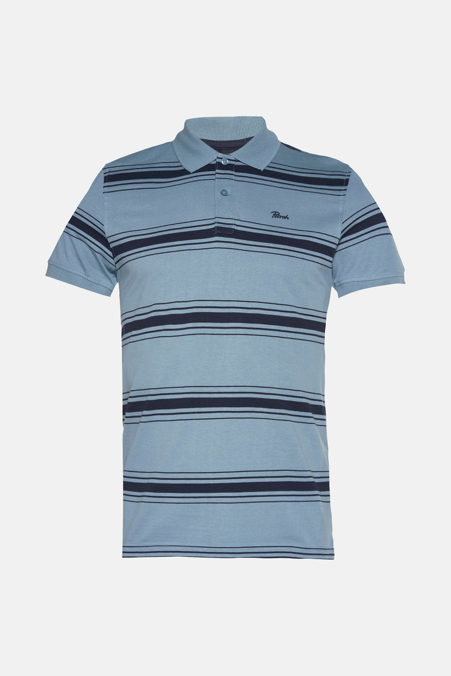 Blauw poloshirt met horizontale strepen van Petrol Industries, met geborduurd logo op de borst.
